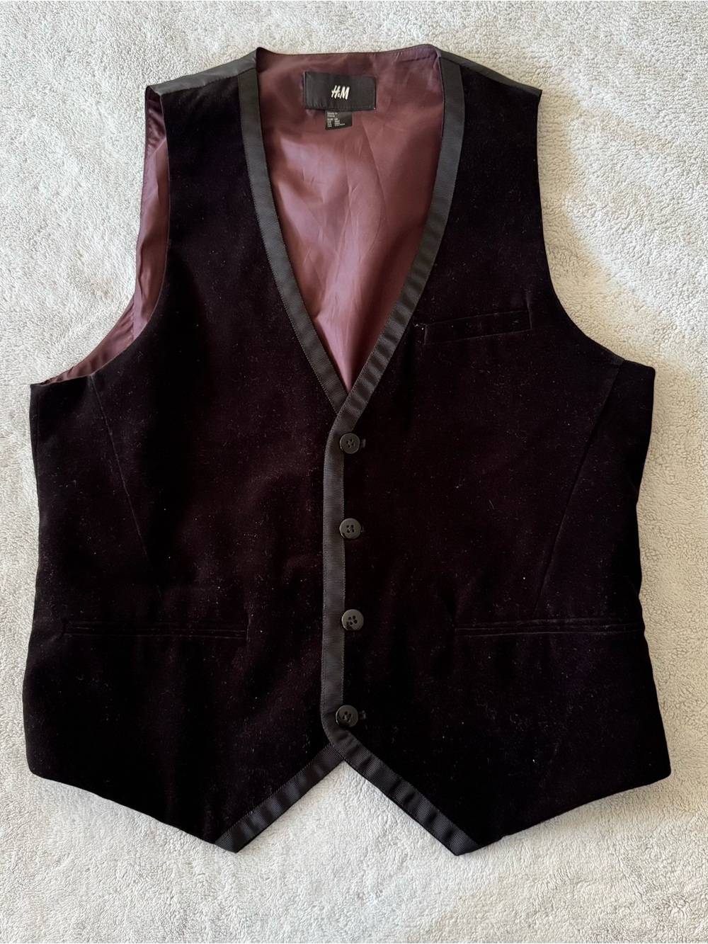 H&M Black Velvet Tuxedo Vest Men's 38R Formal Satin Trim Dress Waistcoat